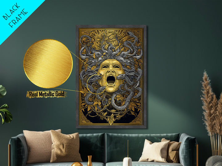 Medusa Mask Metallic Gold Metal Print, Snake Hair Wall Art, Mythology Decor, Greek Gorgon Artwork, Intricate Myth Print, Real Wood Frame