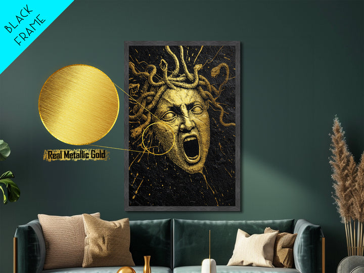 Medusa Face Metallic Gold Metal Print, Mythology Wall Art, Serpent Haired Gorgon Decor, Dark Fantasy Greek Artwork, Real Wood Frame