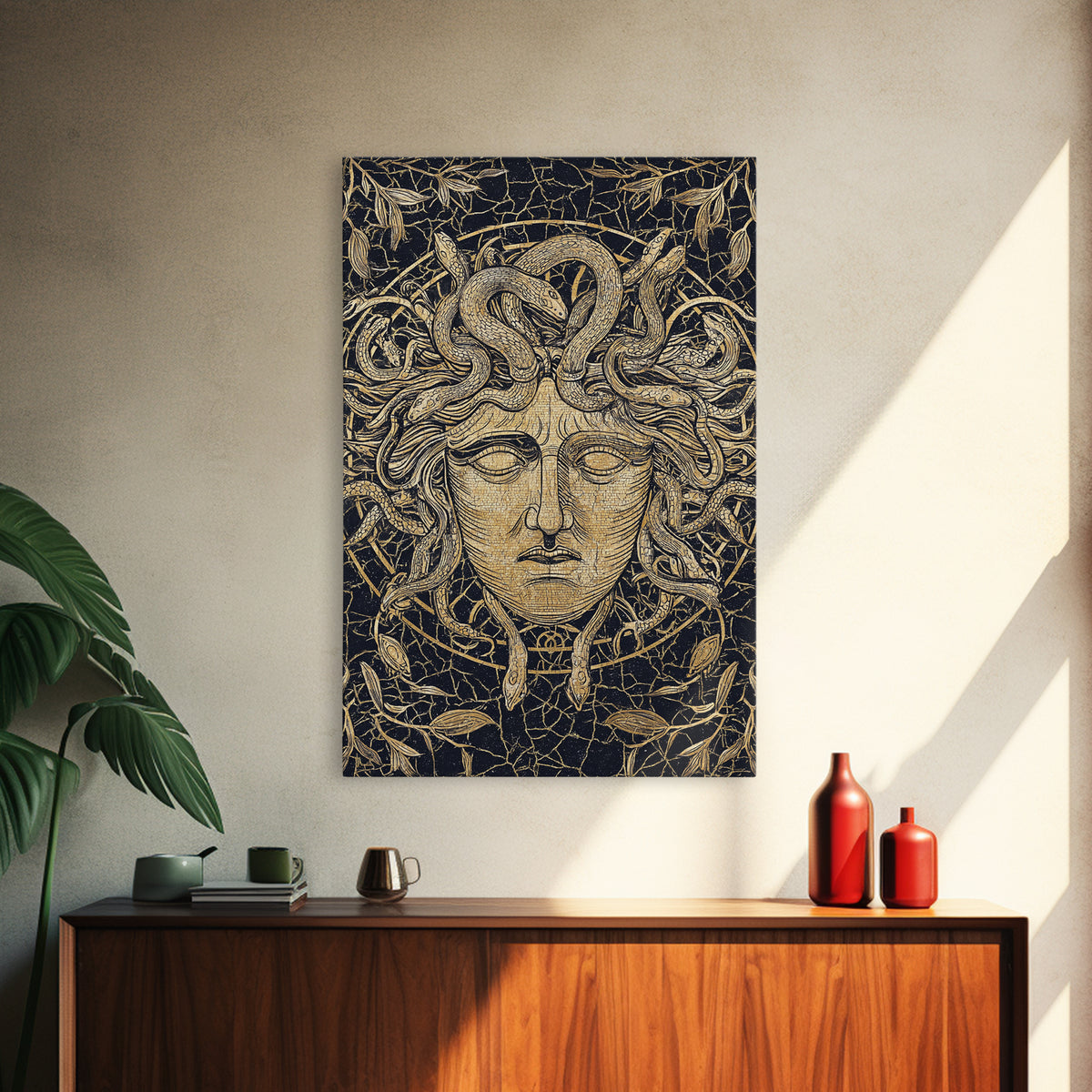 Medusa Head Canvas Gold Art, Mythology Wall Print, Snake Hair Decor, Fierce Ancient Greek Gorgon Artwork, Real Wood Frame