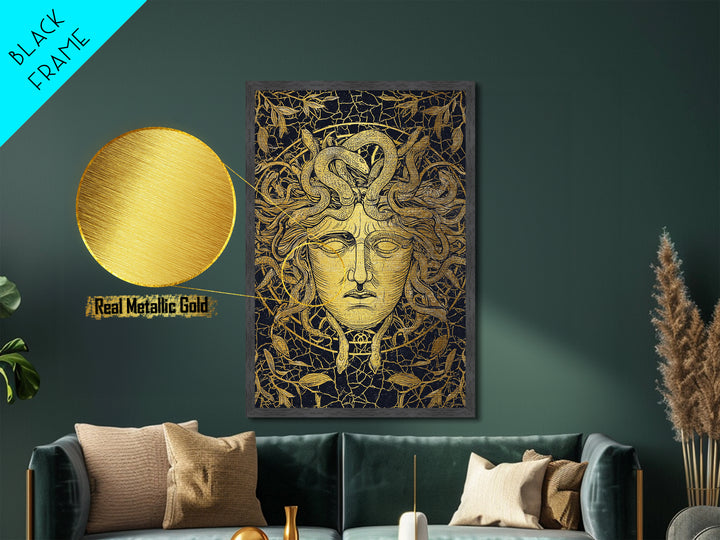 Medusa Head Metallic Gold Art, Mythology Wall Print, Snake Hair Decor, Fierce Ancient Greek Gorgon Artwork, Real Wood Frame