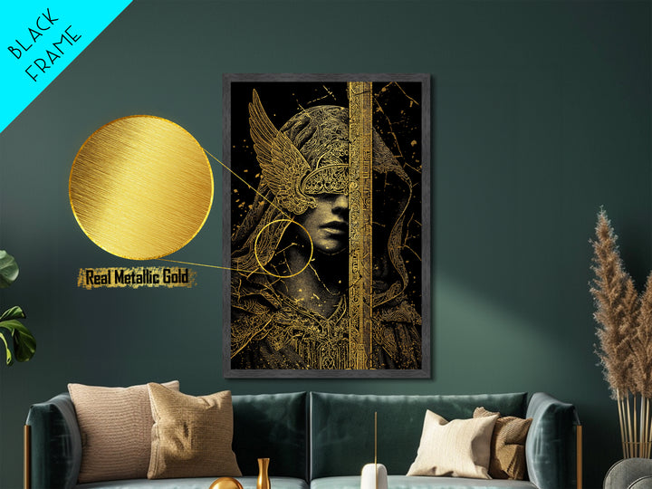 Medusa Mythical Creature Metallic Gold Metal Print, Ancient Serpent Goddess Art, Classical Monster Wall Decor Real Wood Frame