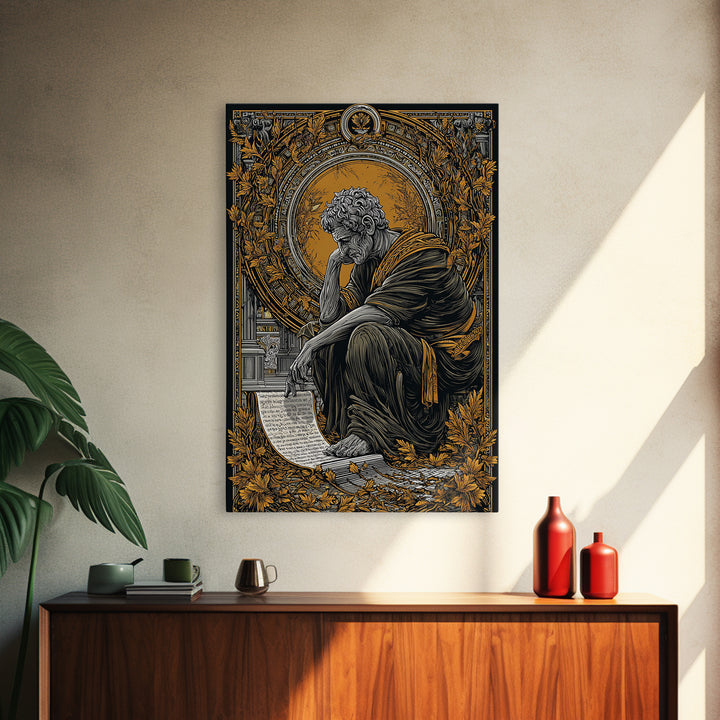 Horned God Canvas Gold Canvas Print, Mythical Warrior Wall Art, Ancient Deity With Flames Artwork, Fantasy Myth Decor Real Wood Frame