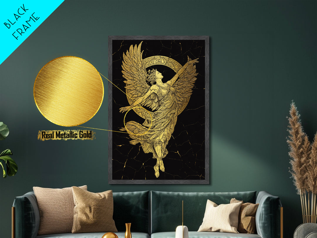 Victory Goddess Nike Metallic Gold Metal Print, Mythology Inspired Wall Art, Real Wood Frame, Luxury Ancient Greek Decor