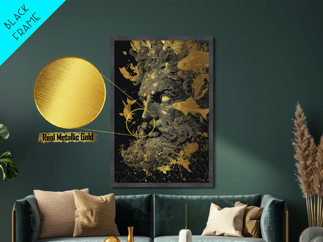Ocean God Oceanus Metallic Gold Metal Print, Greek Mythology Sea Deity Art, Real Wood Frame, Elegant Nautical Wall Decor