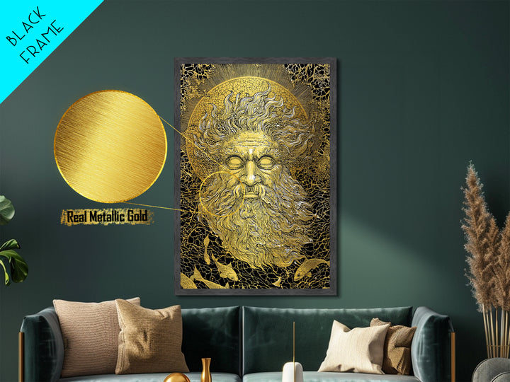 Ancient Sea God Oceanus Metallic Gold Art, Mythological Wall Print, Real Wood Frame, Classical Maritime Inspired Home Decor