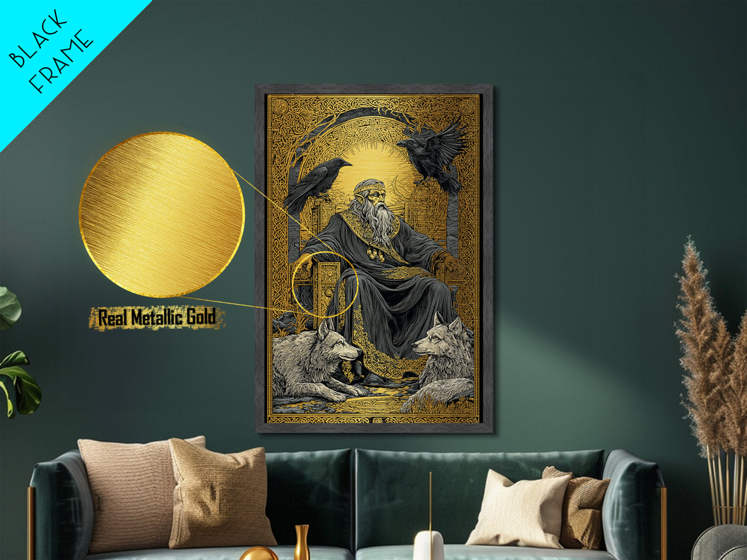 Odin Allfather Metallic Gold Metal Print, Viking Mythology Wall Art, Real Wood Frame, Norse Legend Inspired Decor For Home