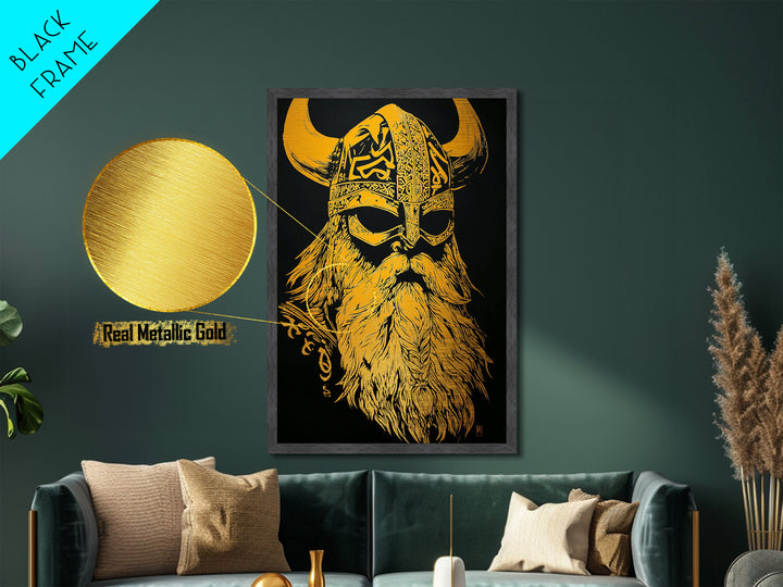 Norse Mythology Odin Metallic Gold Art, Viking Warrior God Metal Print, Real Wood Frame, Ancient Scandinavian Wall Decoration