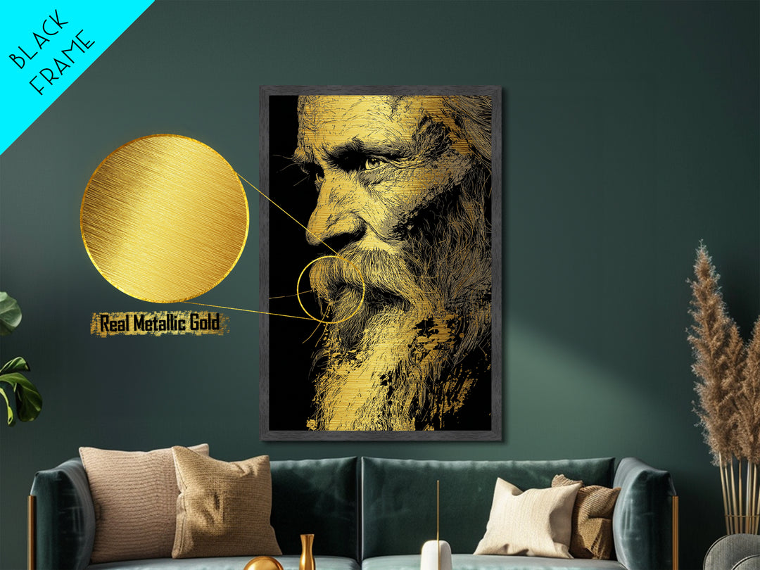 Odin Warrior God Metallic Gold Metal Print, Norse Mythology Inspired Art, Real Wood Frame, Viking Legend Wall Decor Statement