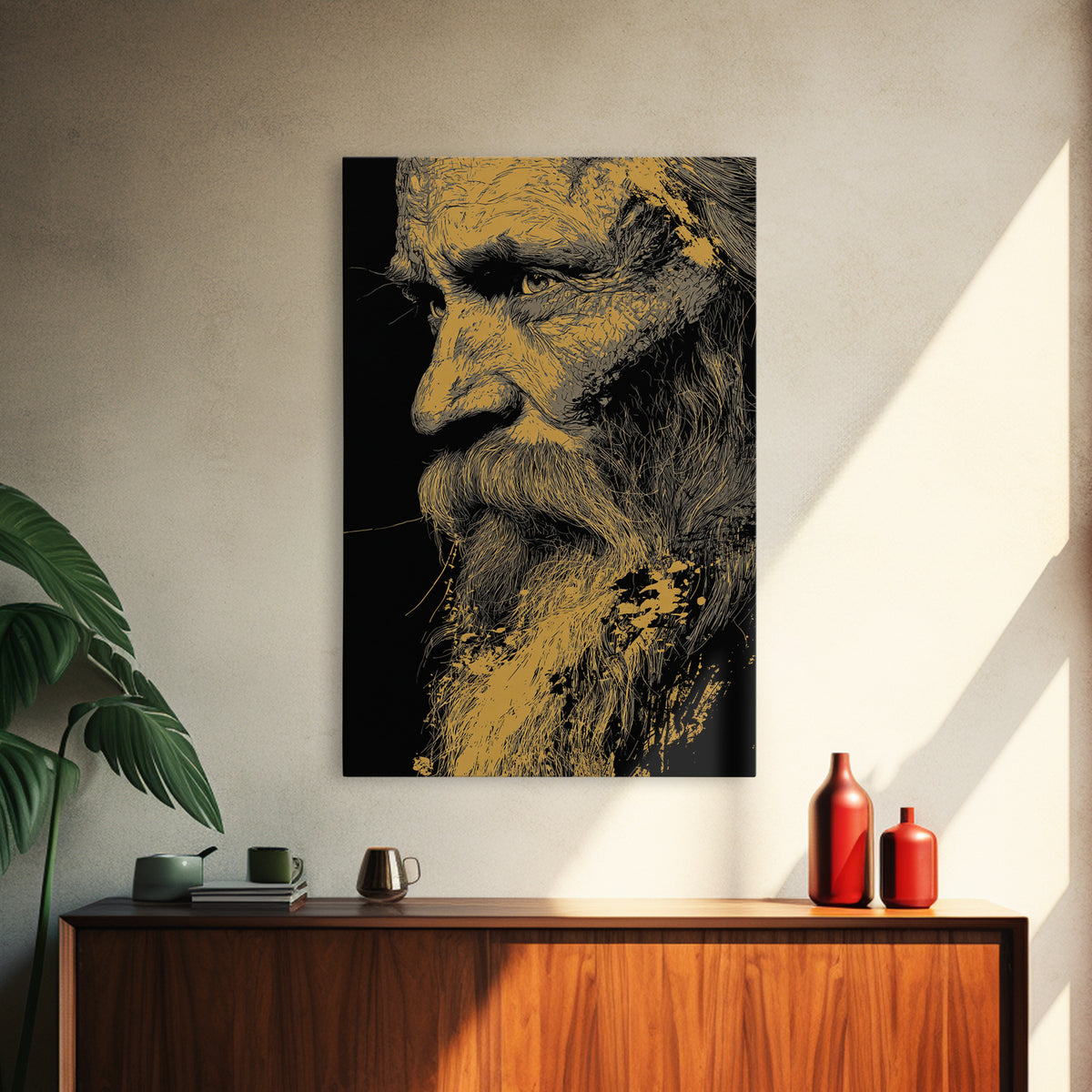 Odin Warrior God Canvas Gold Canvas Print, Norse Mythology Inspired Art, Real Wood Frame, Viking Legend Wall Decor Statement