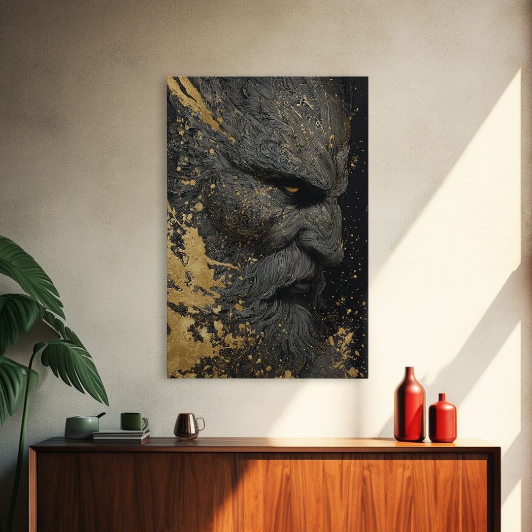 Bearded Warrior Portrait, Textured Detail, Canvas Gold Canvas Print, Mythological Art, Real Wood Frame, Norse Inspired Decor