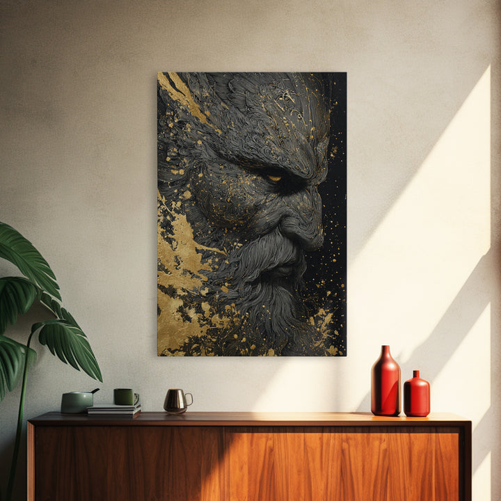 Bearded Warrior Portrait, Textured Detail, Canvas Gold Canvas Print, Mythological Art, Real Wood Frame, Norse Inspired Decor