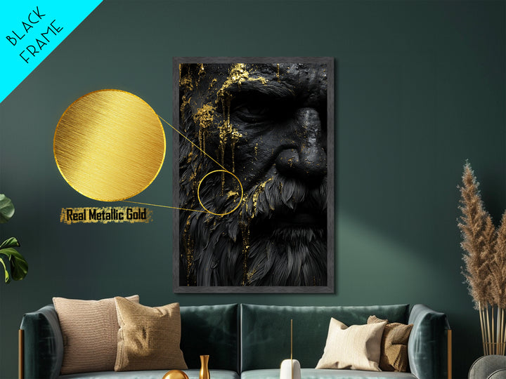 Abstract Mythological Face, Golden Tears Design, Metallic Gold Metal Print, Textured Wall Art, Real Wood Frame, Dramatic Statement