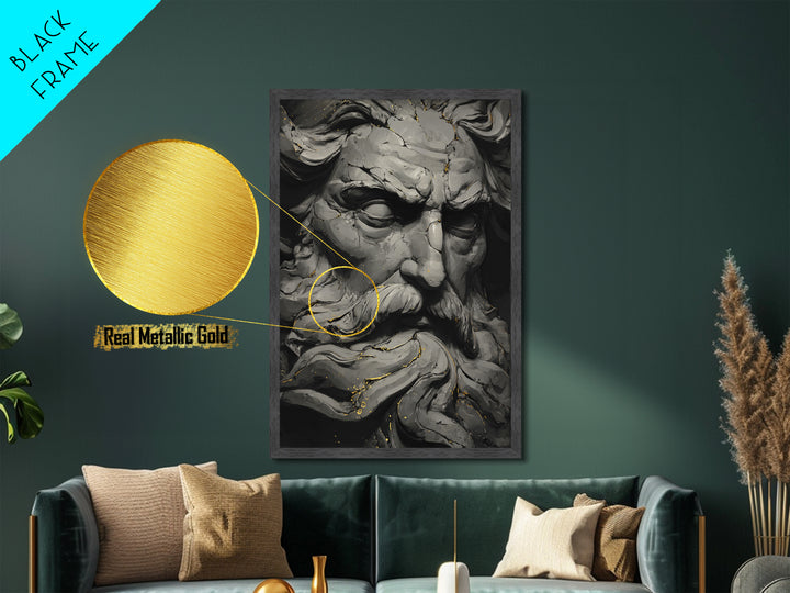 Odin On Throne With Ravens And Wolves, Norse Mythology Decor, Metallic Gold Art, Viking God Print, Real Wood Frame, Nordic Legend