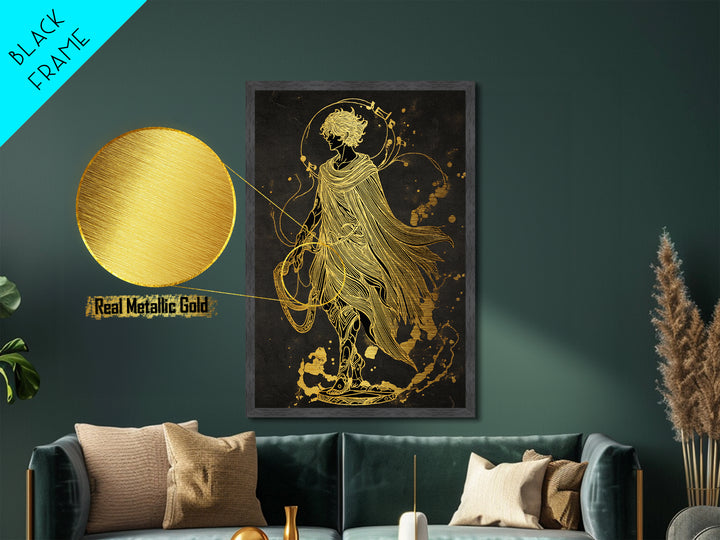Apollo Figure With Flowing Cloak, Line Art Mythology Design, Metallic Gold Art, Mythical Wall Decor, Real Wood Frame, Elegant Greek