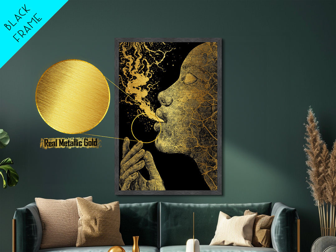 Mystical Goddess Face Exhaling Spirit, Surreal Mythology, Metallic Gold Metal Print, Spiritual Wall Art, Real Wood Frame, Dreamlike