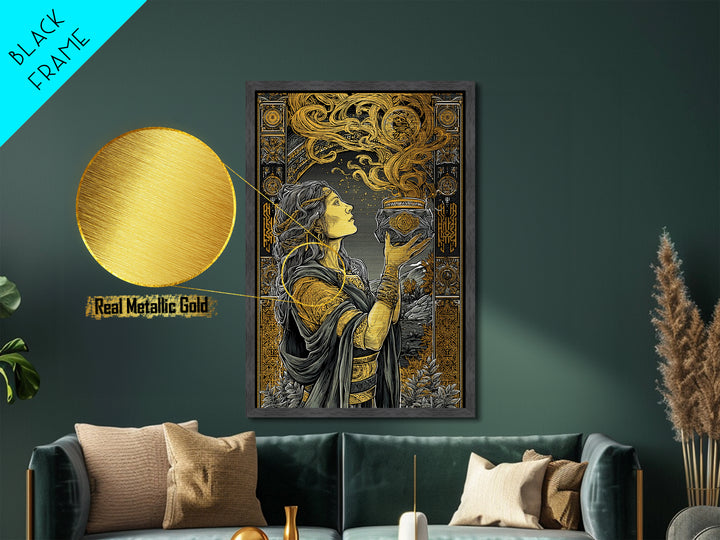 Pandora With Mythical Jar, Ancient Greek Mythology Metallic Gold Art, Detailed Decorative Wall Print, Real Wood Frame, Timeless Classic