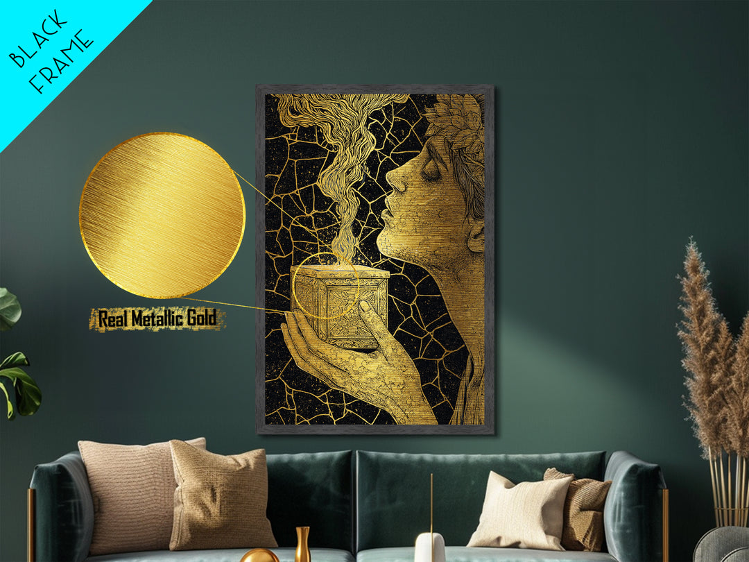 Pandora Opening Mythical Box, Surreal Greek Goddess Design, Metallic Gold Metal Print, Mythological Wall Art, Real Wood Frame, Enchanting