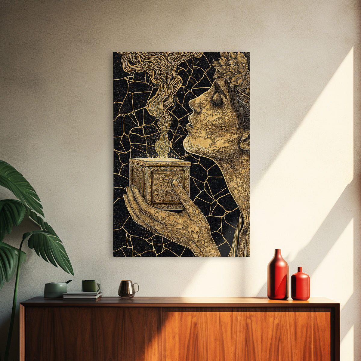 Pandora Opening Mythical Box, Surreal Greek Goddess Design, Canvas Gold Canvas Print, Mythological Wall Art, Real Wood Frame, Enchanting