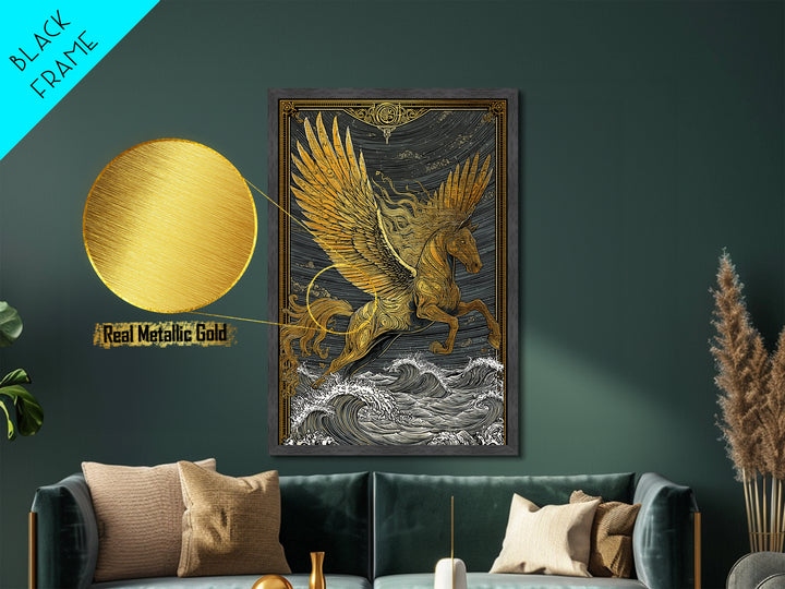 Pegasus Flying Above Waves, Mythical Winged Horse Art, Metallic Gold Art, Greek Mythology Wall Print, Real Wood Frame, Heroic Statement