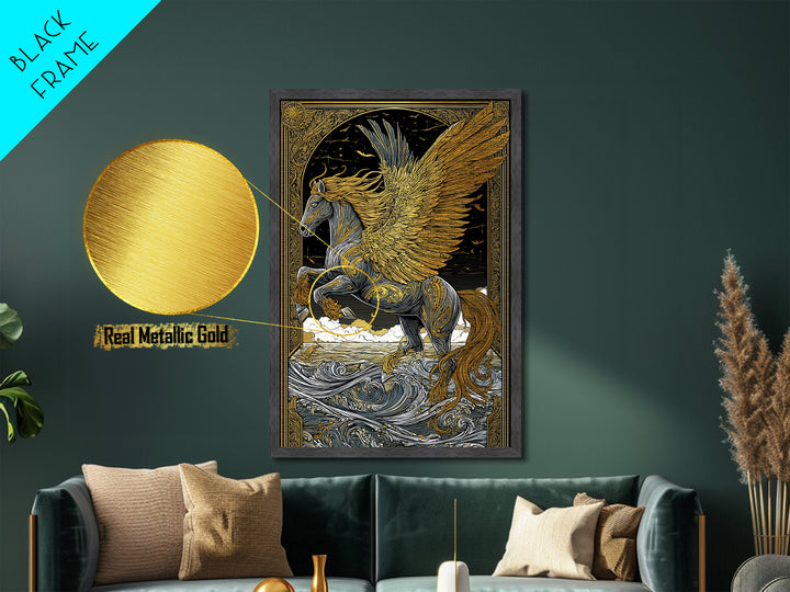 Winged Pegasus Metallic Gold Metal Print, Mythology Wall Art, Luxury Equine Artwork, Real Wood Framed Mythical Decor