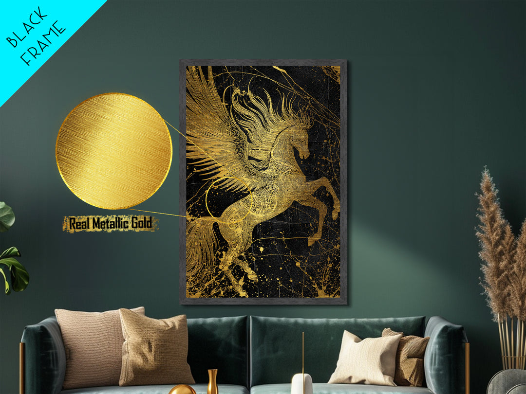 Abstract Pegasus Metallic Gold Art, Mythology Wall Print, Unique Equine Design, Real Wood Framed Modern Mythical Artwork