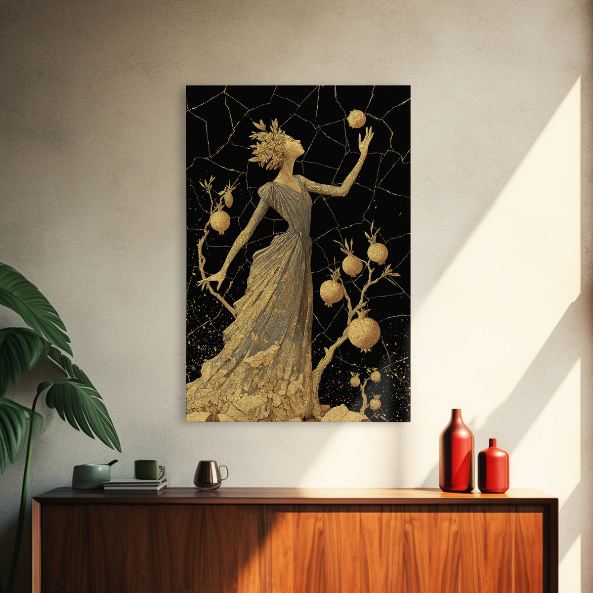 Persephone With Pomegranates Canvas Gold Canvas Print, Mythology Wall Art, Elegant Greek Goddess Decor, Real Wood Frame