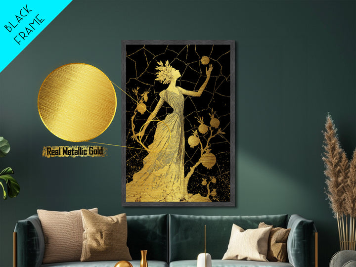 Persephone With Pomegranates Metallic Gold Metal Print, Mythology Wall Art, Elegant Greek Goddess Decor, Real Wood Frame