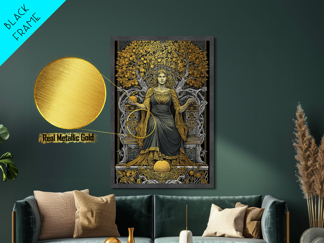 Seated Persephone Metallic Gold Metal Print, Goddess Of Fertility Wall Art, Mythological Decor, Real Wood Framed Artwork
