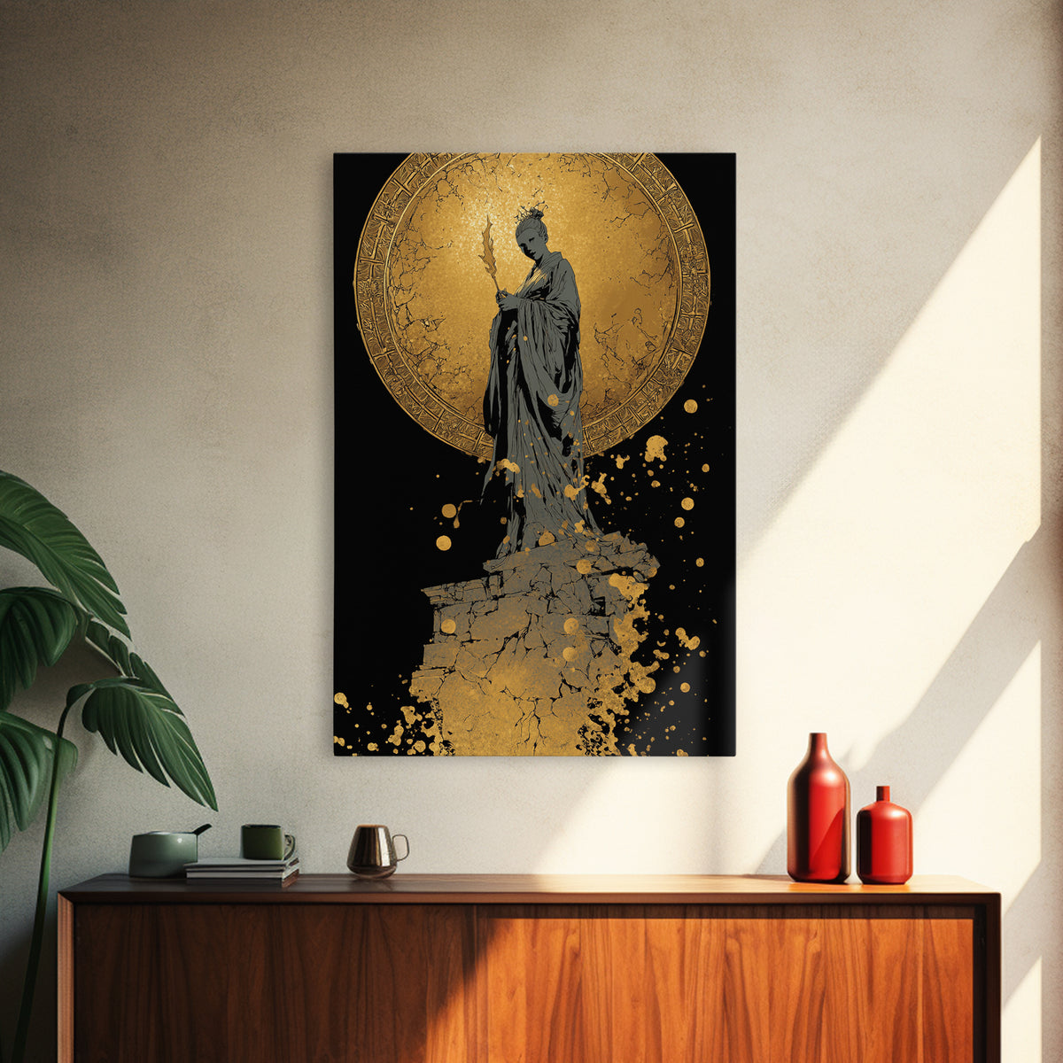 Goddess Statue Canvas Gold Canvas Print, Ancient Mythology Wall Art, Elegant Female Figure Artwork, Real Wood Framed Decor