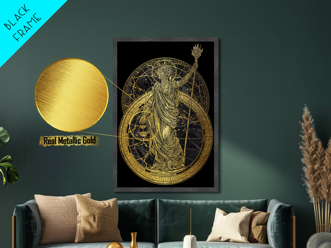 Divine Justice Metallic Gold Metal Print, Goddess With Torch Wall Art, Mythological Decor, Real Wood Framed Elegant Artwork