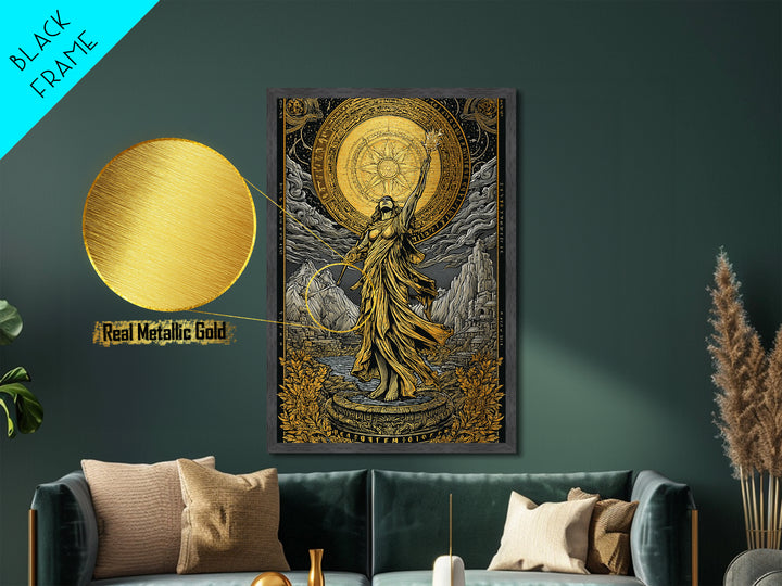 Celestial Goddess Metallic Gold Metal Print, Mythology Wall Art, Radiant Female Figure Artwork, Real Wood Framed Luxurious Decor