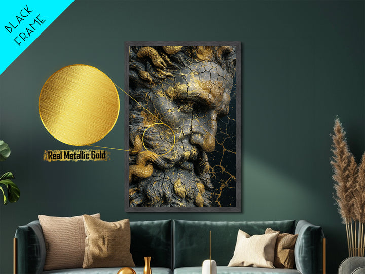 Mythological Sea God Bust Metallic Gold Metal Print, Ancient Ocean Deity Metallic Gold Art, Real Wood Frame Classical Myth Sculpture