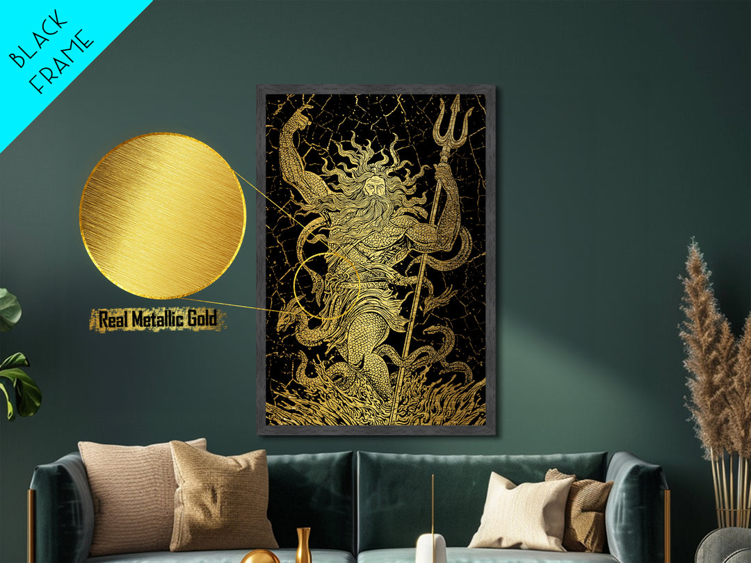 Poseidon Sea God With Serpent Metallic Gold Metal Print, Ocean Deity With Trident Metallic Gold Art, Real Wood Frame Mythological Decor
