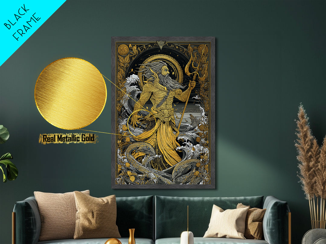 Poseidon Mythical Sea God Metallic Gold Metal Print, Ocean Trident Warrior Metallic Gold Art, Real Wood Frame Ancient Mythology Decor