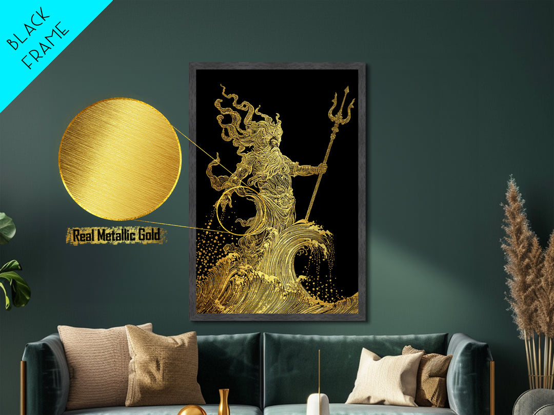 Poseidon Sea God Statue Metallic Gold Metal Print, Ocean Deity With Waves Metallic Gold Art, Real Wood Frame Classical Mythology Decor