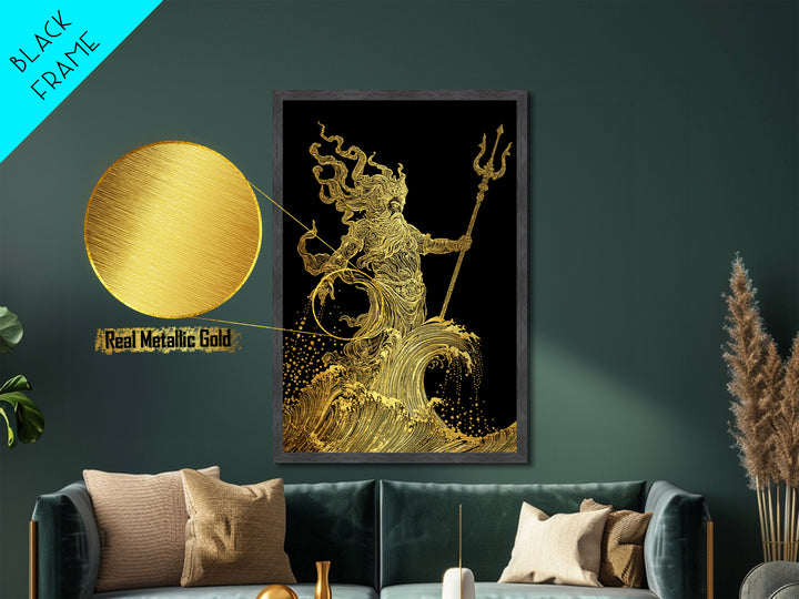 Poseidon Sea God Statue Metallic Gold Metal Print, Ocean Deity With Waves Metallic Gold Art, Real Wood Frame Classical Mythology Decor
