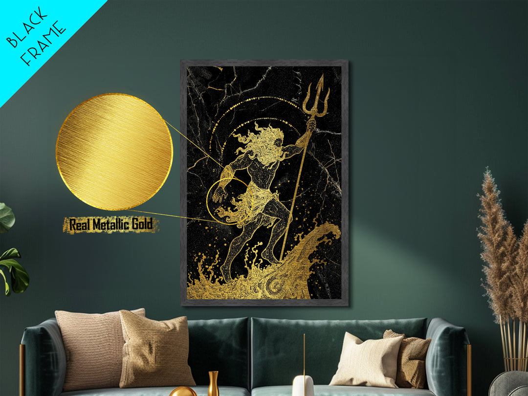 Poseidon Ruler Of The Seas Metallic Gold Metal Print, Ancient Trident God Metallic Gold Art, Real Wood Frame Mythological Wall Decor