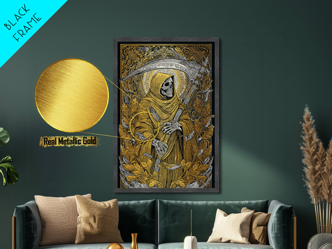 Grim Reaper Metallic Gold Metal Print, Gothic Mythology Wall Art, Skeleton With Scythe Artwork, Real Wood Frame, Dark Decor