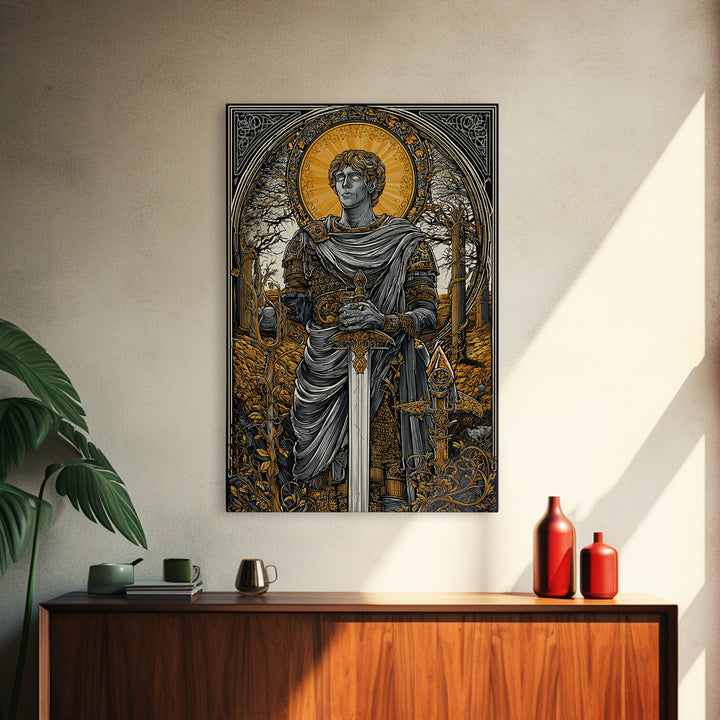 Roman Emperor Canvas Gold Canvas Print, Mythology Warrior Wall Art, Classical Sword Artwork, Real Wood Frame, Ancient Decor