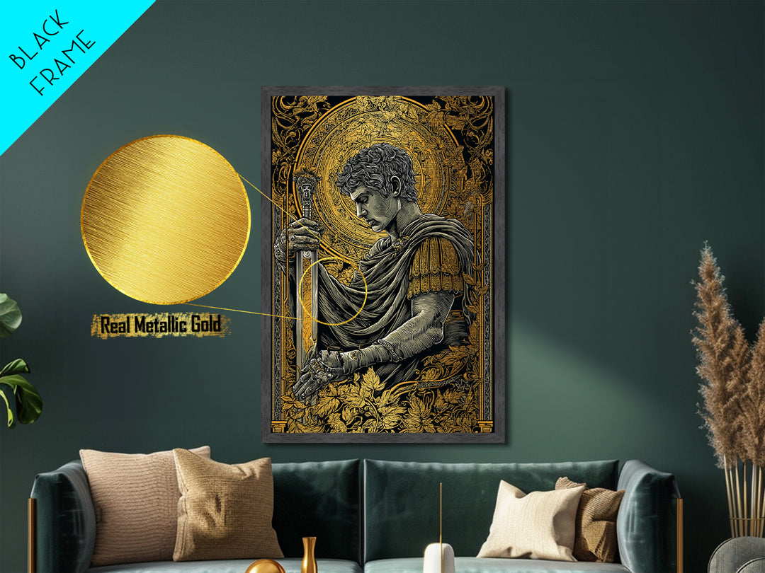 Divine Warrior Metallic Gold Metal Print, Mythology Wall Art, Ancient Roman Decor, Historical Art Style, Elegant Framed Print