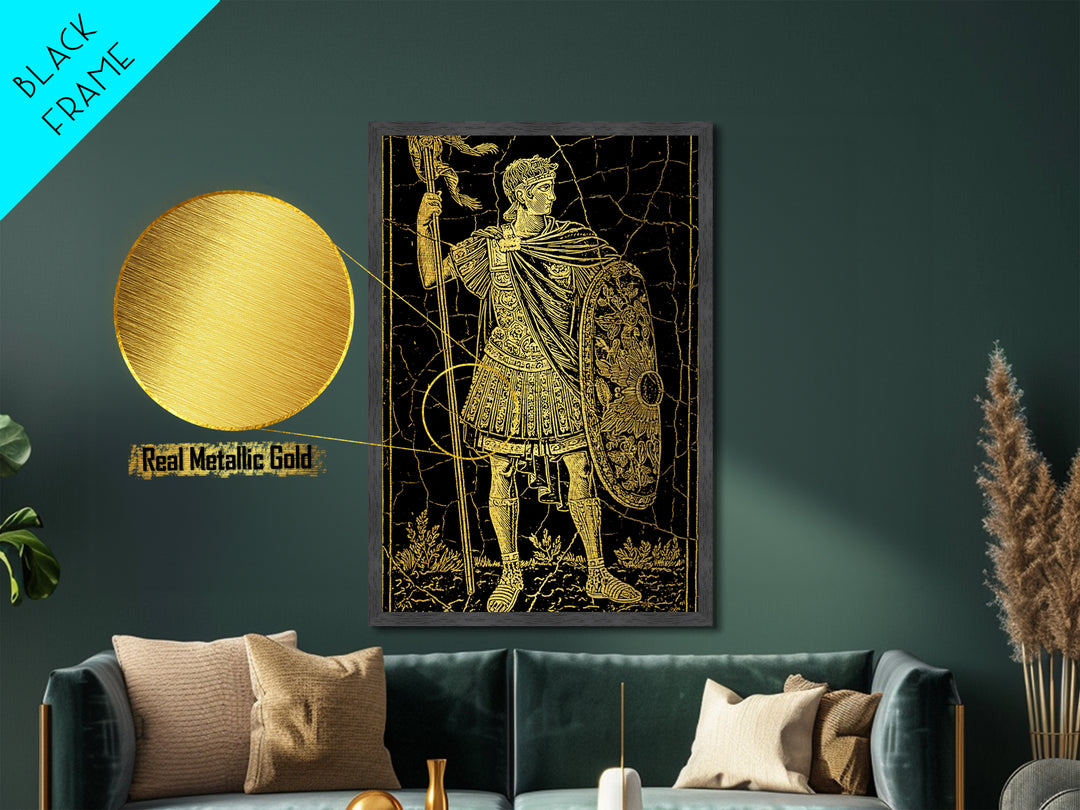Roman Warrior With Shield, Metallic Gold Metal Print, Mythology Inspired Wall Art, Real Wood Framed Artwork