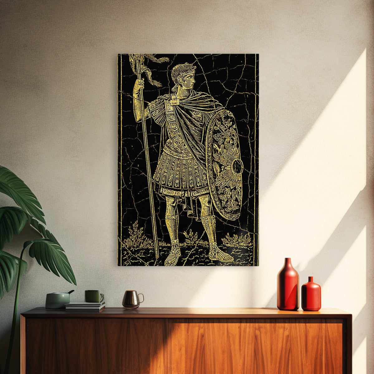 Roman Warrior With Shield, Canvas Gold Canvas Print, Mythology Inspired Wall Art, Real Wood Framed Artwork