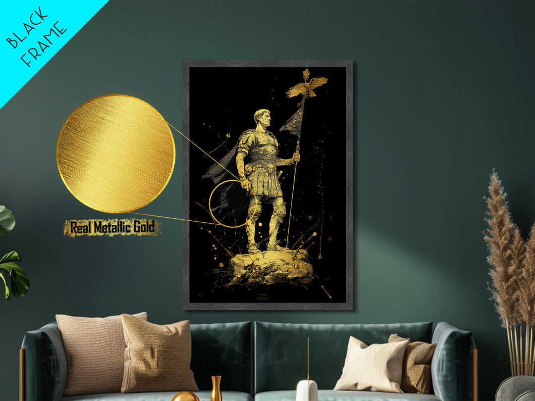 Roman General Holding Standard, Metallic Gold Metal Print, Classical History Inspired Wall Decor, Real Wood Frame