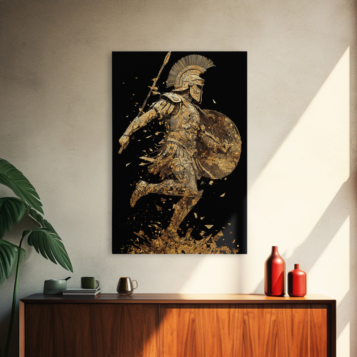 Shattered Roman Soldier, Canvas Gold Canvas Print, Mythology Inspired Warrior Wall Art, Real Wood Framed Print