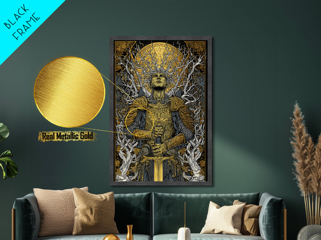 Mythic Guardian With Sword, Metallic Gold Art, Fantasy Inspired Warrior Wall Print, Real Wood Framed Wall Decor