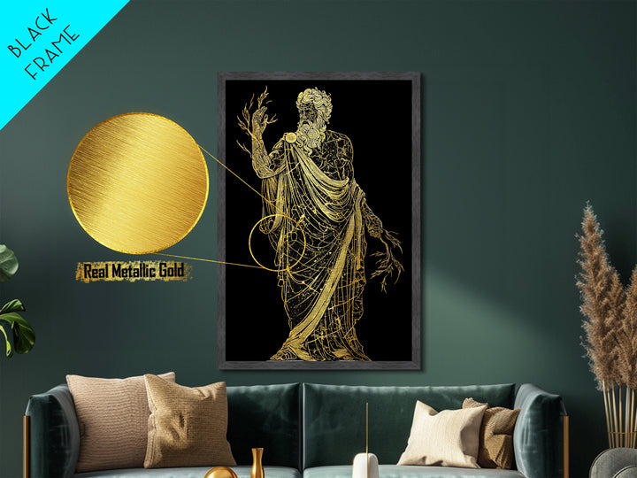 Greek God Metallic Gold Art, Zeus Mythology Wall Print, Lightning Power Decor, Luxury Metal Artwork, Real Wood Frame
