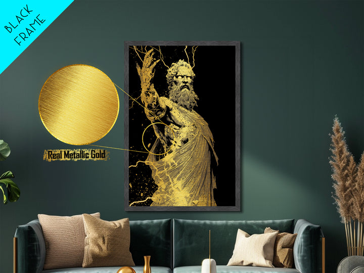 Heavenly Ruler Metallic Gold Metal Print, Zeus Divine Wall Art, Lightning God Decor, Luxury Mythology Artwork, Real Wood Frame