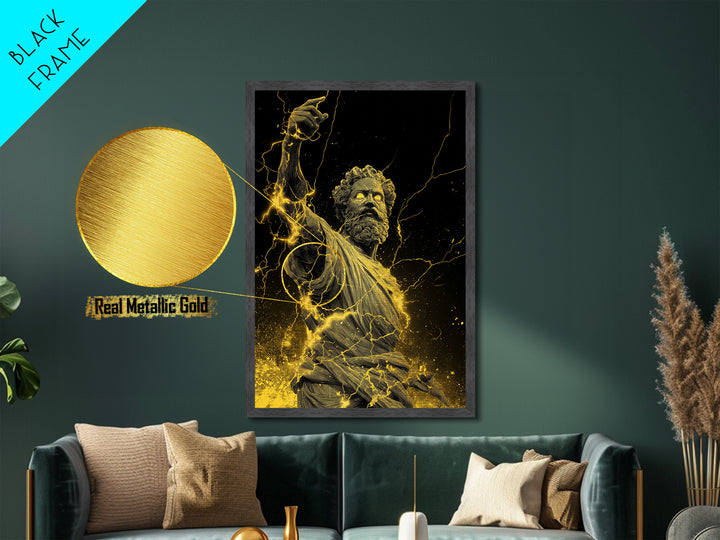 Lightning God Metallic Gold Art, Powerful Zeus Wall Print, Mythology Inspired Decor, Ancient Greek Metal Artwork, Real Wood Frame