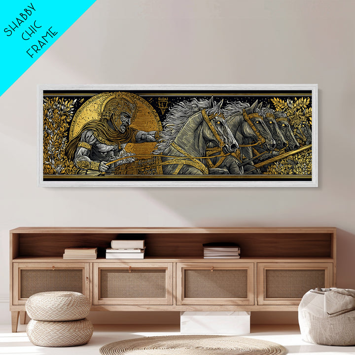 Heroic Greek Warrior With Horses, Ancient Mythology Wall Decor, Metallic Gold Metal Print, Real Wood Frame