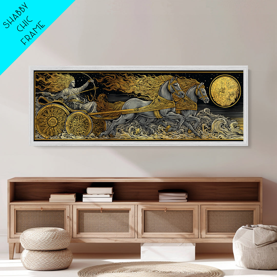Sun God Chariot, Mythological Horses And Flames Wall Decor, Metallic Gold Metal Print, Real Wood Framed Art